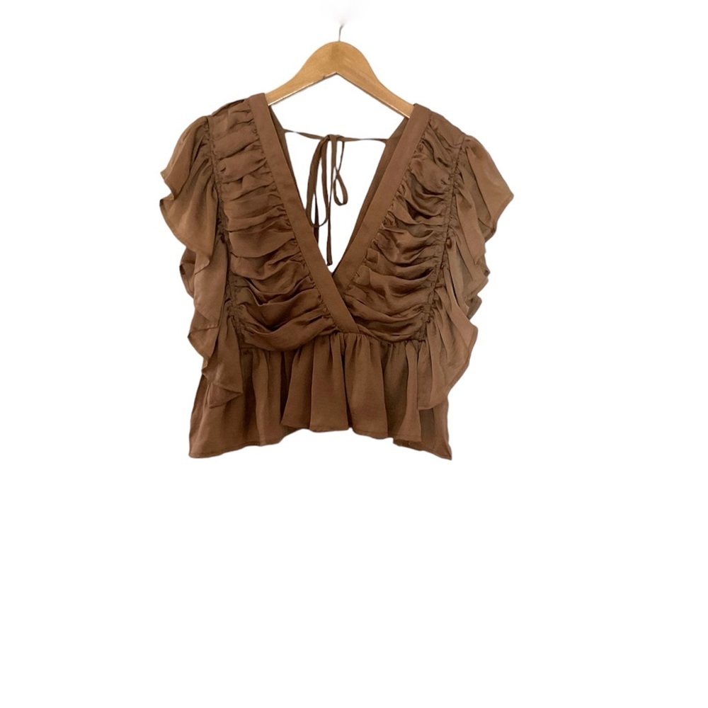 Entro V Neck Satin Ruched Top Size Medium Taupe